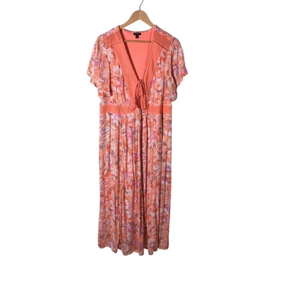 Torrid Dress Women's Size 2X Peach Pink Lace Trim V-Neck Tie Closure Floral